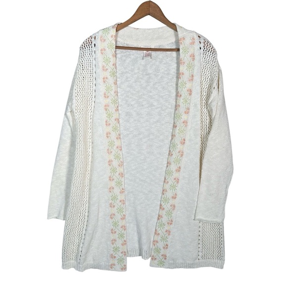 SUNDANCE Embroidered Lattice Lace Open Front Cotton/Linen Blend Duster Cardigan - Picture 2 of 10